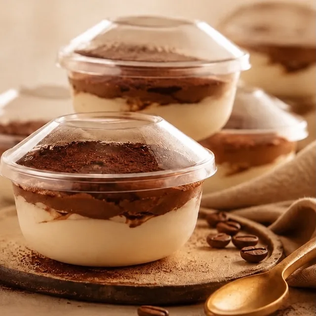 Tiramisu cups with clear domed lids on a wooden board, with coffee beans and linen